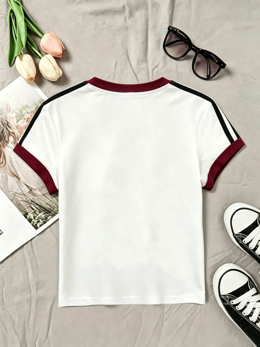 1pc New European American Women'S Contrast Trim Design Short Multicolor T-Shirt Slim Short Sleeve - Cartoon Fun Retro Individual Niche Y2K Dark Gothic Style Easy Creative Heart Spider Web Pattern Print Design Fashion Sweet Cool Trendy Street Hot Sty - White