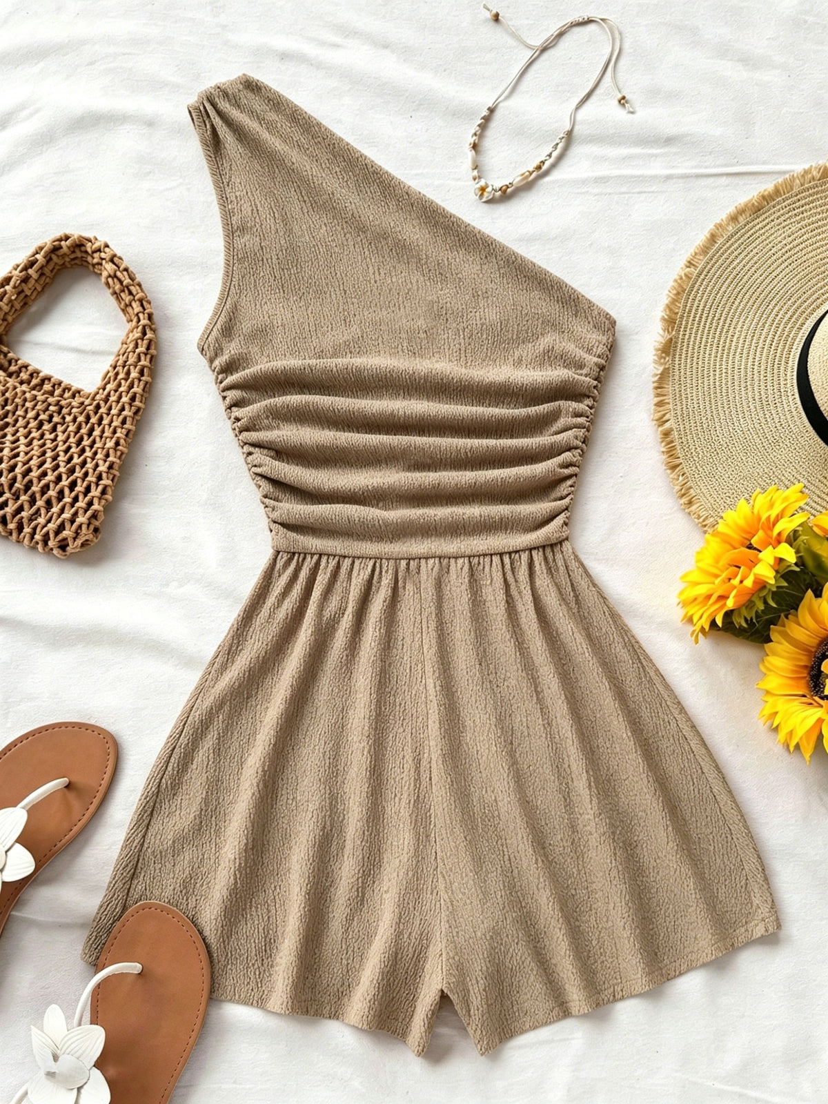 New Korean-Style Niche Jumpsuit for Women, Pure Alluring Vibe Strapless Fashionable A-Line Spicy Short Jumpsuit for Vacation Trips - Khaki