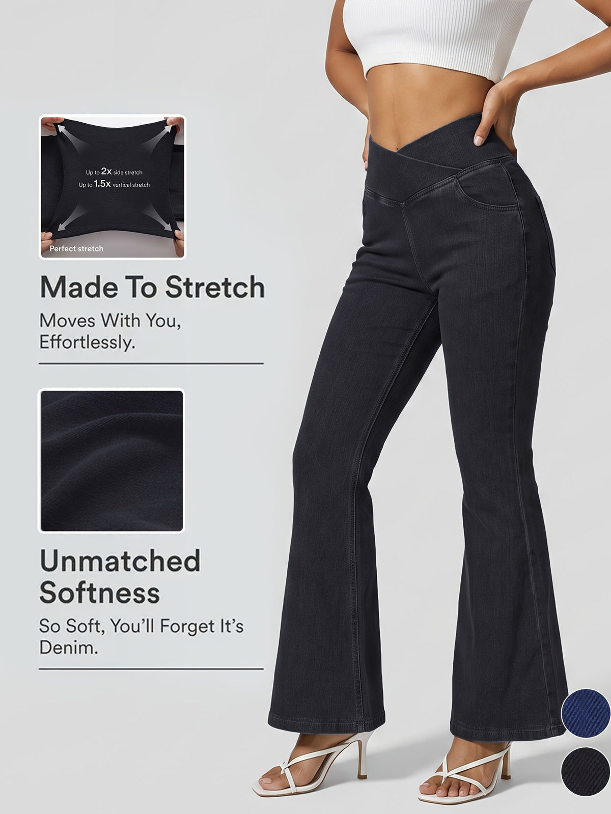 GILIPUR Women'S Solid Denim Cross V Low Waist Lifting Flare Jeans, Soft Stretchy Bootcut Long Denim Pants with Front Pockets, Y2K Streetwear Daily Date Night - Black