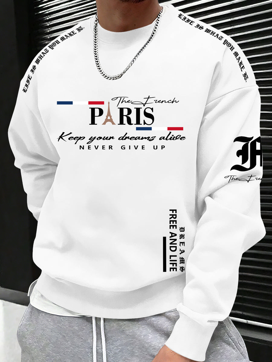 Men's Casual Streetwear Sweatshirt with Black and Red Striped Letter Print - White