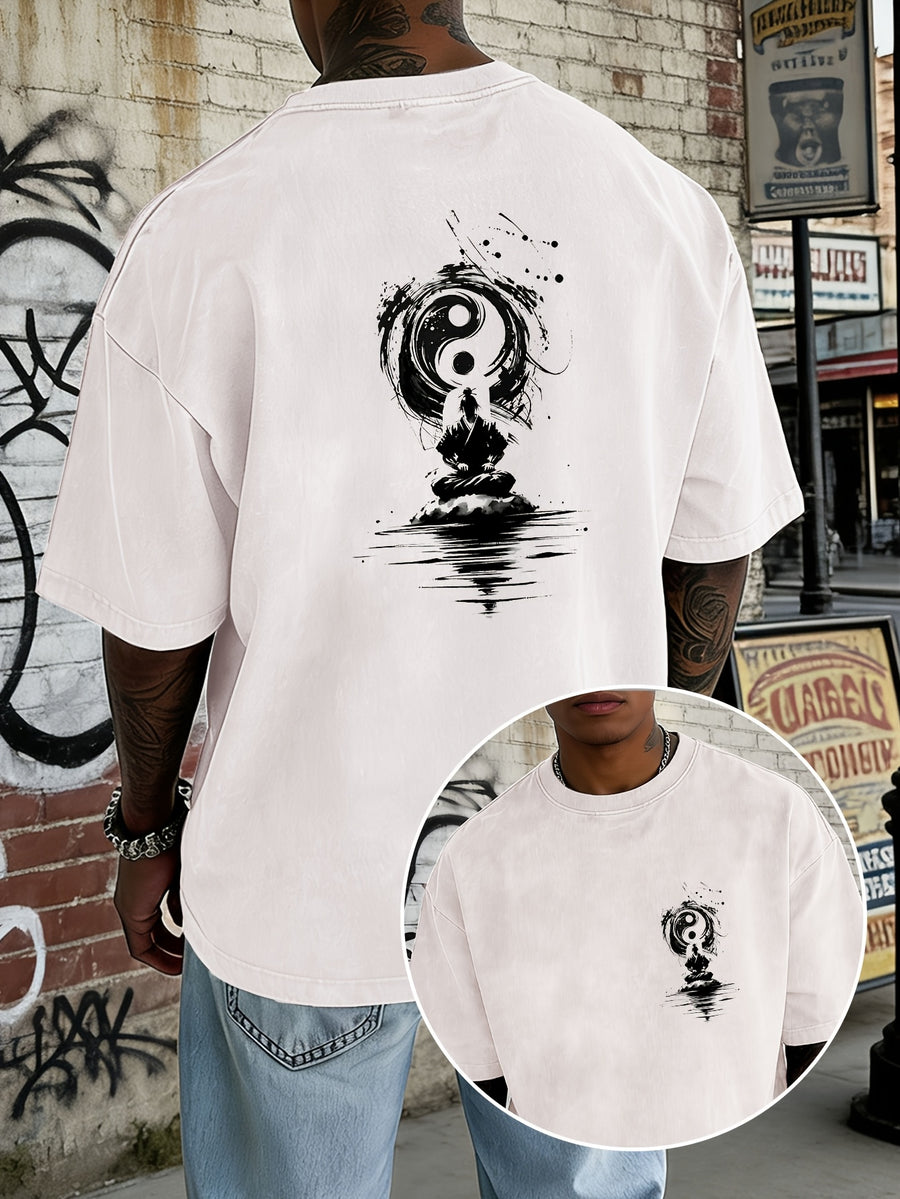 Washed and Distressed Pure Cotton Short-sleeve T-shirt with Trendy Double-sided Print Featuring Tai Chi, Zen, and Meditating Ink Wash Art. Available in 12 Colors for Mix-and-match Styling. Loose-fit Men's Top in High Street Y2K Style - Apricot