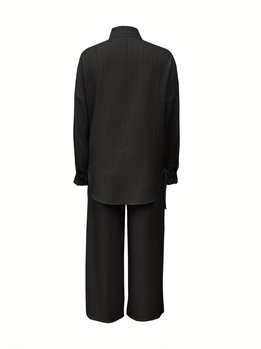 Autumn New Casual Comfortable Versatile Street Style Long Sleeve Shirt with Lapel And Matching Long Pants 2pcs Set for Women, Waist Belt Not Included - Black