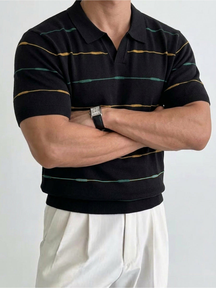 Men'S Contrast Narrow Stripe V-Neck Polo Knit Short Sleeve Summer Ice Fiber Fabric Slim Fit Breathable Top, Lightly Mature Commuter Textured Lapel Base Layer, Easy Versatile Casual Men'S Knit Polo Shirt - Black