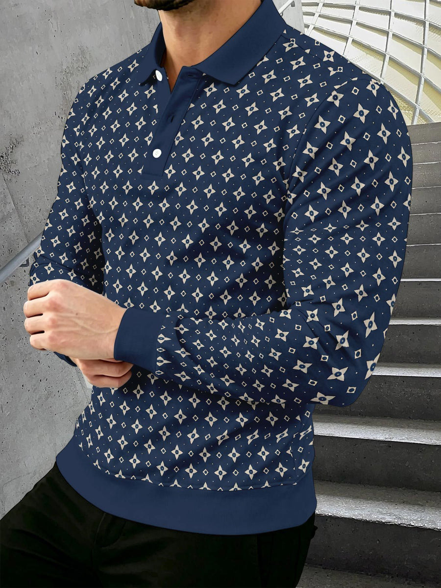 Men's Novelty Fashion Long-Sleeve Top with Fine Starburst Vintage Print, Three-Button Polo Shirt with Access Control Design, Punk Street Style Lapel Top for Daily Commuting and Outings, Surprise Birthday and Holiday Gift for Men - Multicolor A