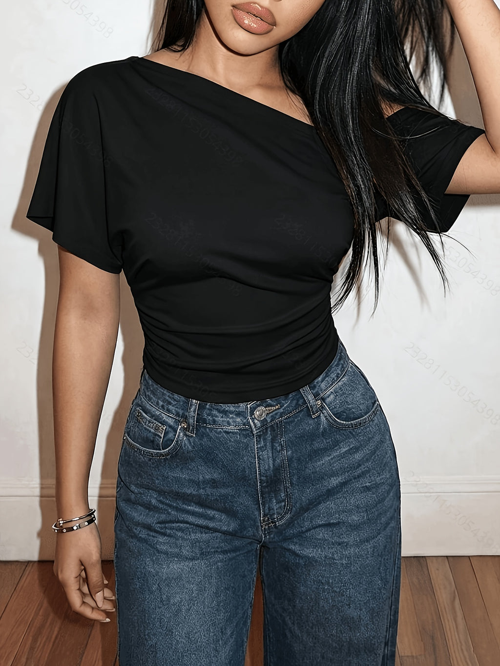 Women'S Summer Off-The-Shoulder Solid Color Short-Sleeved T-Shirt, Casual Basic Top - Black