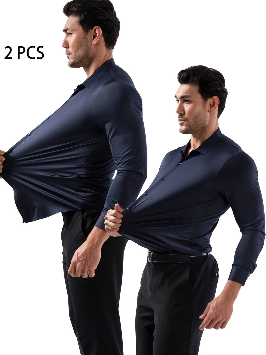 2pcs Set of Seamless Pressure Adhesive High-Elasticity Non-Iron Men'S Dress Shirt Long Sleeve Business Casual Formal Top, Material 88% Polyester 12% Spandex, Fabric Weight 160G, Casual - Navy + Navy