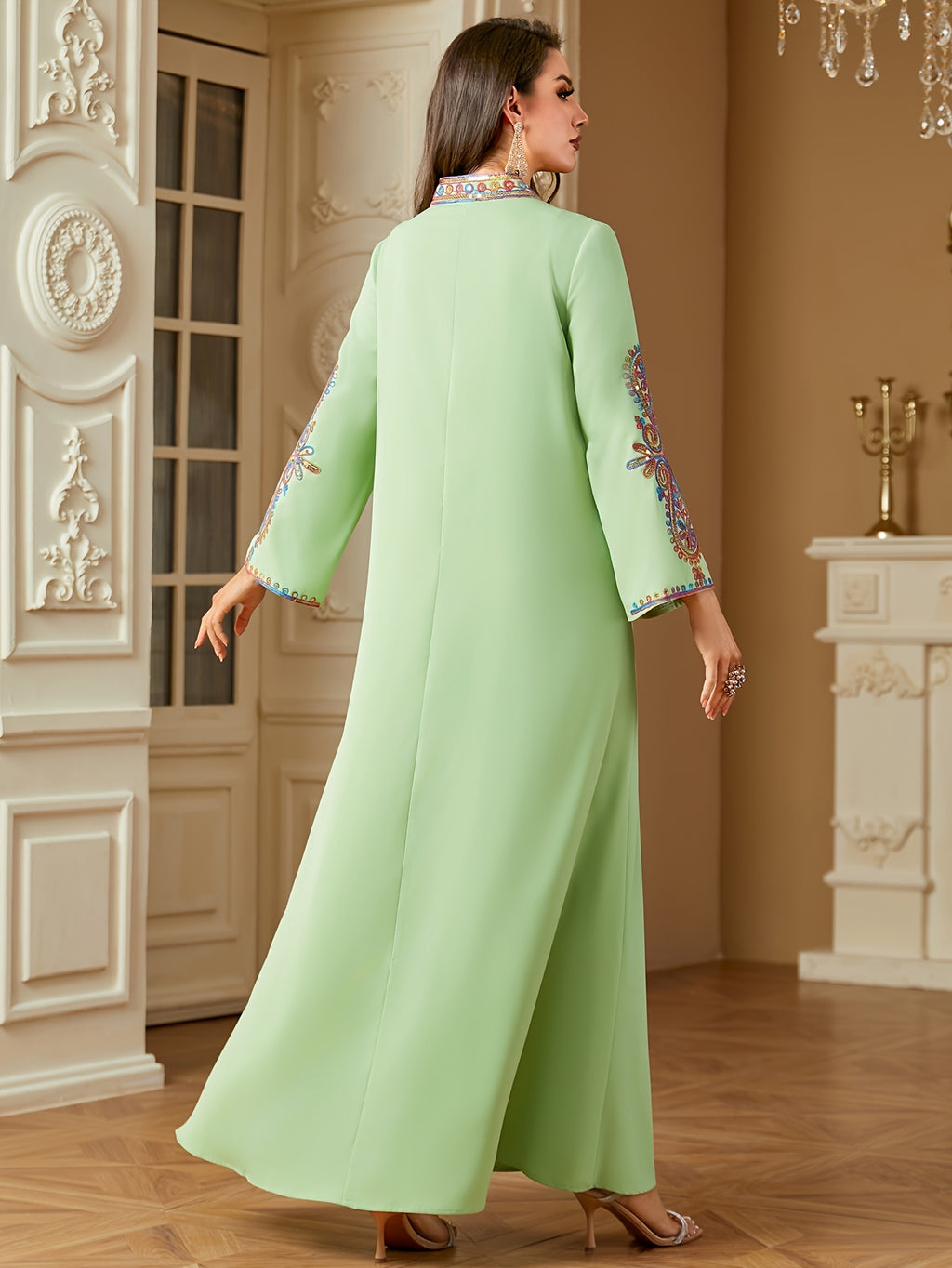Middle Eastern Ramadan Fashion Beaded Rope Embroidery V-Neck Long Sleeve Dress - Green