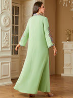 Middle Eastern Ramadan Fashion Beaded Rope Embroidery V-Neck Long Sleeve Dress - Green