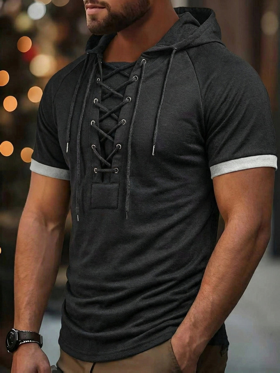 ROYALBOY Spring New Arrival Men's Short Sleeve Outdoor Sports Hoodie with Eyelet Drawstring, Designer Casual Men's Sportswear Top, Suitable for Autumn Outdoor Wear - Black