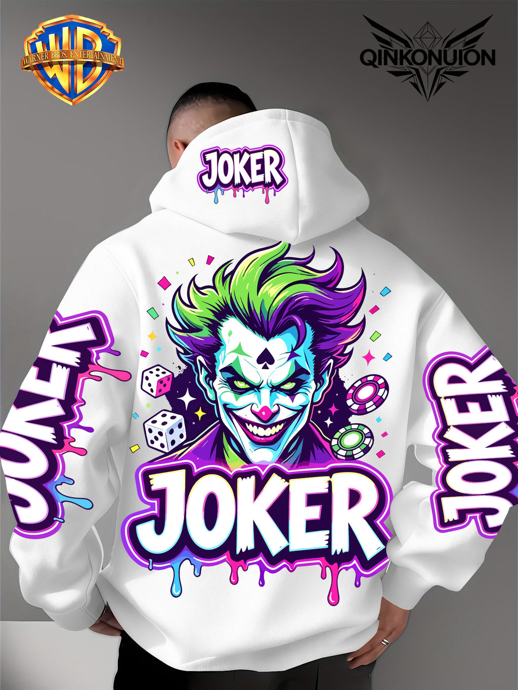 Warner Official Men'S Hoodie, Neon Clown Avatar Chess And Card Graffiti Trendy Print Design, Machine Washable, Warm And Casual for Autumn And Winter, Daily Drawstring Hoodie, Multi-Functional Sports And Leisure Loose Version - White