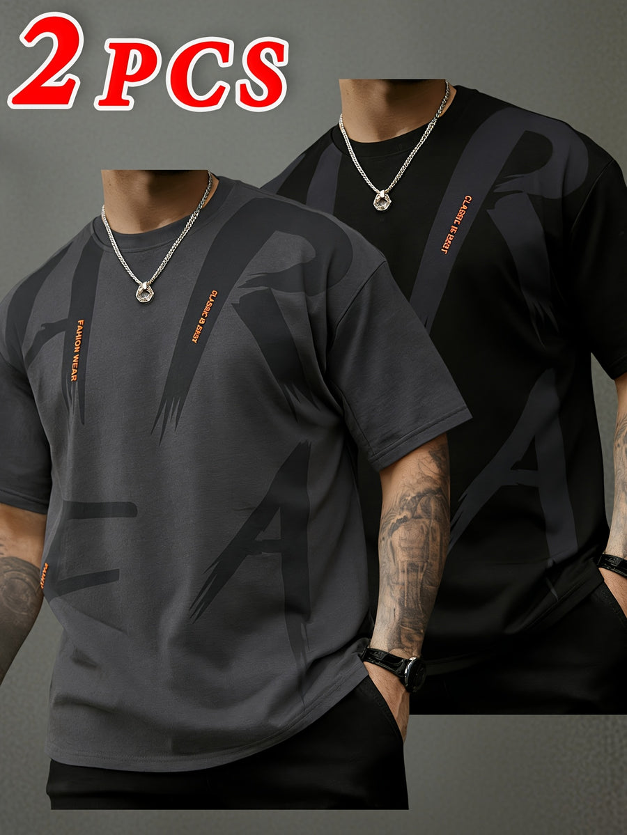 2pcs, Men'S Short Sleeve T-Shirts, Summer Short Sleeve Fashion Trendy Short Sleeve T-Shirts, Loose Letter Print Elastic Short Sleeve Sports Top, Teenager Round Neck Breathable Trendy T-Shirt, Suitable for Daily Wear, School, Street, Sports Wear - 2 pieces - Gray + Black