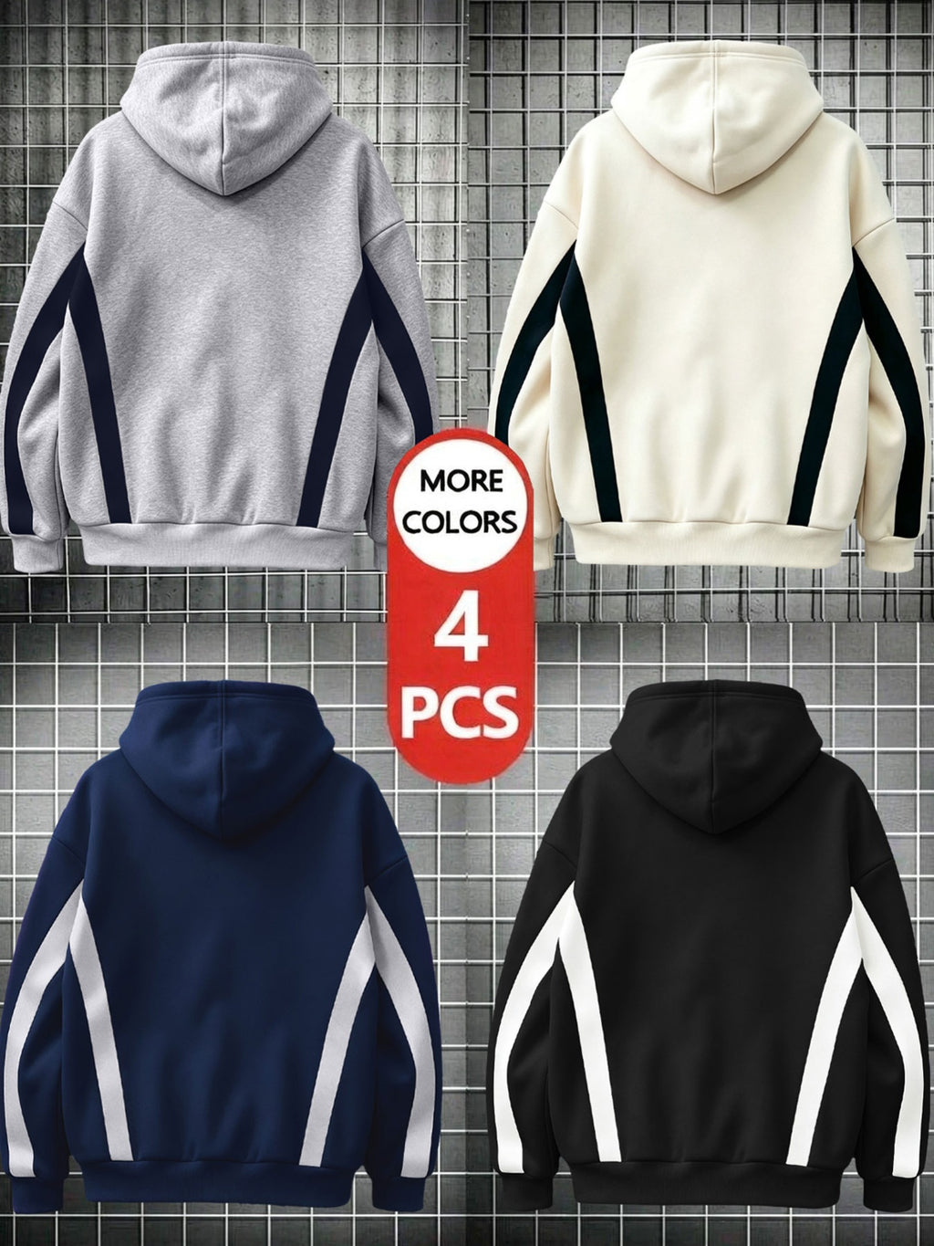 4pcs 2026 Autumn/Winter Men's Streetwear Casual Pullover Hoodie with Contrast Color Lines, Diagonal Cut, Long Sleeves, Skin-Friendly, Warm, Drawstring, Large Pocket Sweatshirt - Apricot + Navy Blue + Gray + Black
