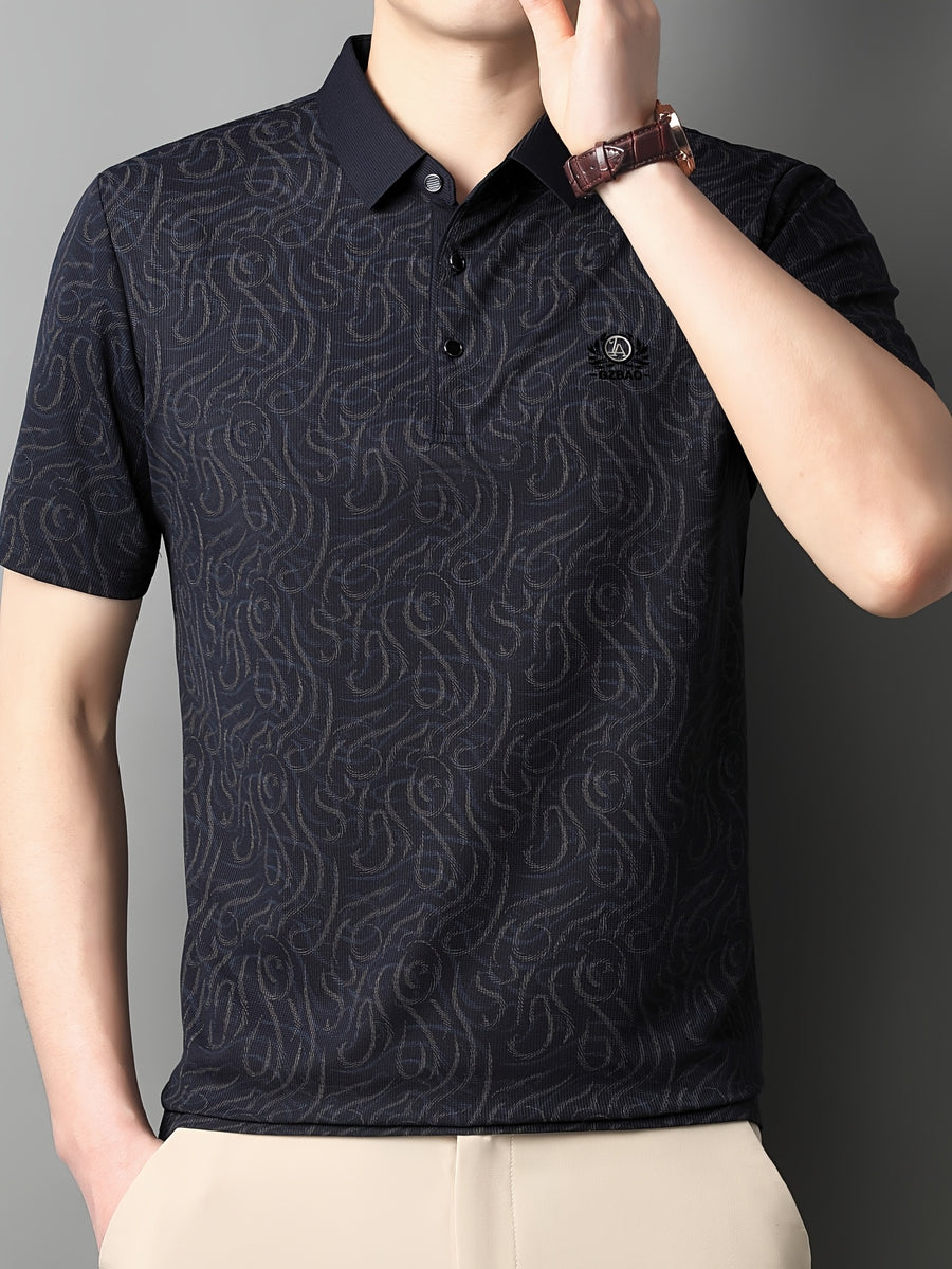 [Saa Xing OBM] 1pc Spring/Autumn New Men'S Polo Shirt, Old Money Style Textured Contrast Print Half-Button Collar Short Sleeve T-Shirt, Fashionable And Versatile Pullover Base Layer Top, Suitable for Spring, Summer, Autumn Wear, Fits Daily Casual - Black