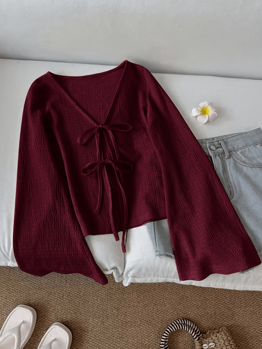 Solid Color Front-Tie Bow Open-Front Fashion Flared Sleeve Blouse New Women'S Short Top - Deep Red