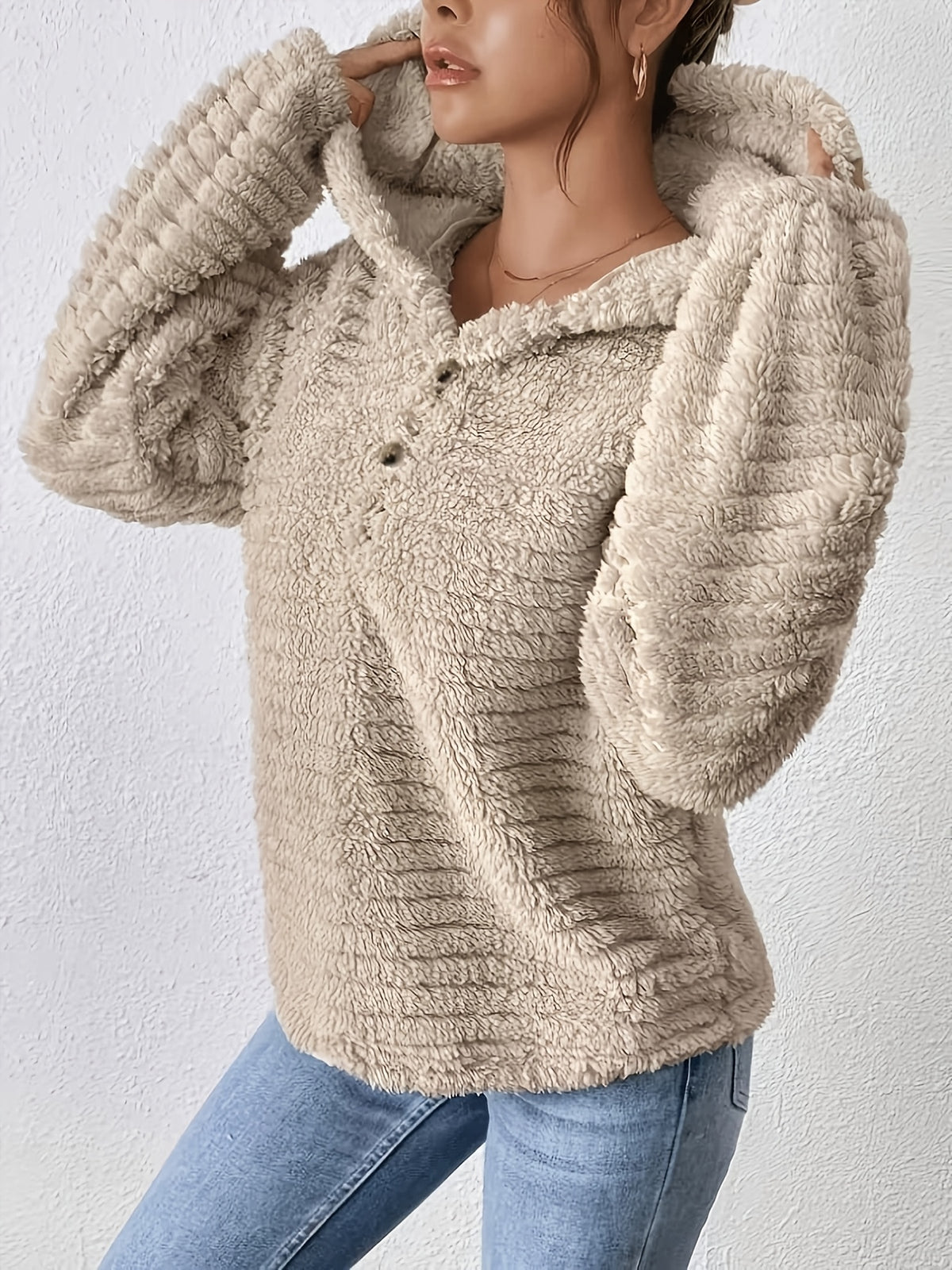 Women's Casual Hooded Plush Sweatshirt, New Autumn/Winter Collection, -Lined Warm Outerwear, Solid Color - Apricot