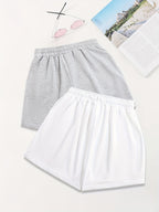 2pcs,Letter Print Drawstring Shorts, Casual Shorts, Women's Clothing - Grey+White