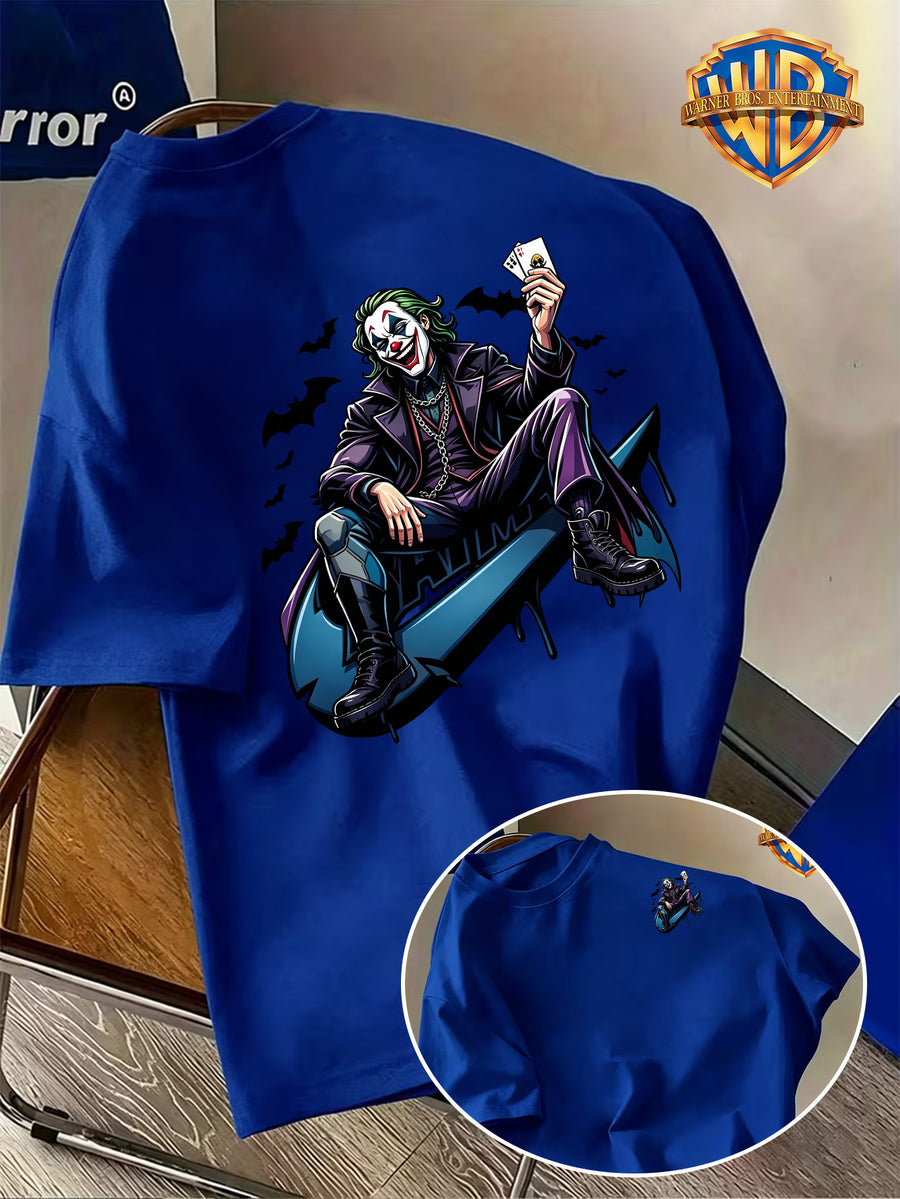 New Trendy Warner Bros. Double-Sided Print Men's Short-Sleeve T-Shirt, Halloween DC Joker Poker Bat Element Creative Print Pattern, American Dark Street Anime Style, Basic Crew Neck Design, Summer Skin-Friendly and Breathable T-Shirt Top - Royal Blue