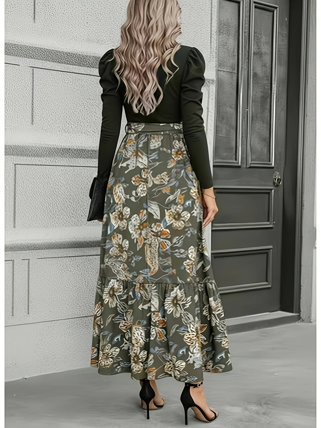 Elegant Everyday Casual Military Green Patchwork Floral Print Long Sleeve Maxi Dress for Women | Vintage Elegant Style, Suitable for Daily Outings, Light Socializing, and Banquet Occasions, Spring/Summer Dress - fern green