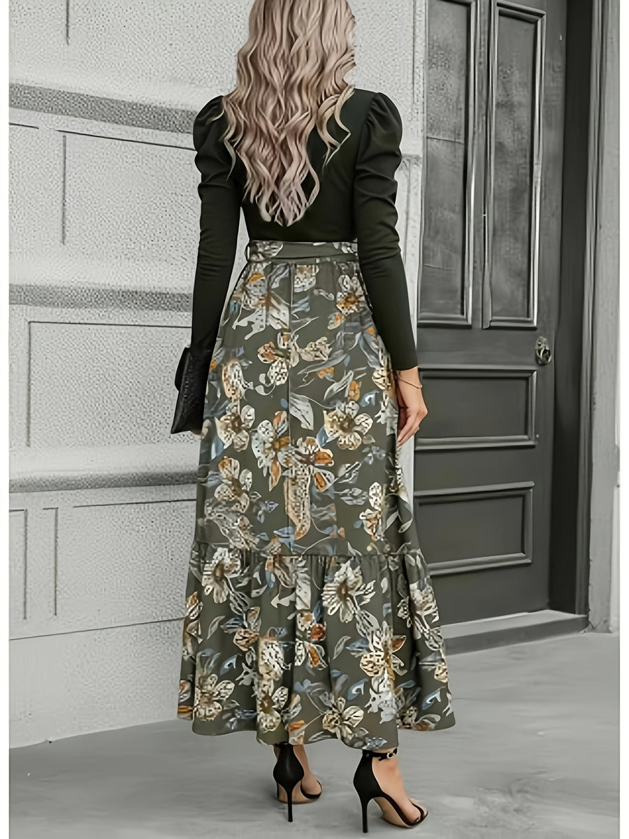 Elegant Everyday Casual Military Green Patchwork Floral Print Long Sleeve Maxi Dress for Women | Vintage Elegant Style, Suitable for Daily Outings, Light Socializing, and Banquet Occasions, Spring/Summer Dress - fern green