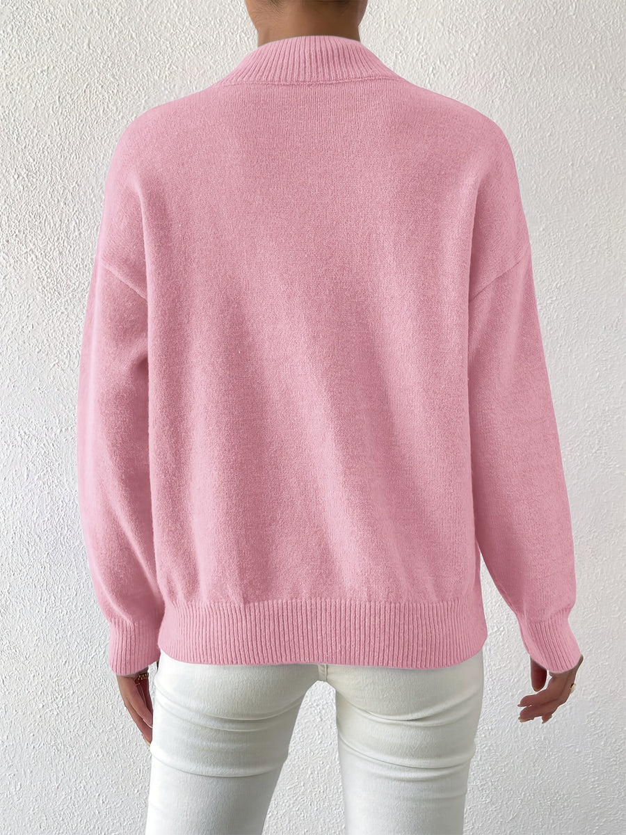 Women's Solid Color Elegant Mock Neck Long Sleeve Drop Shoulder Pullover Sweater - Pink Color