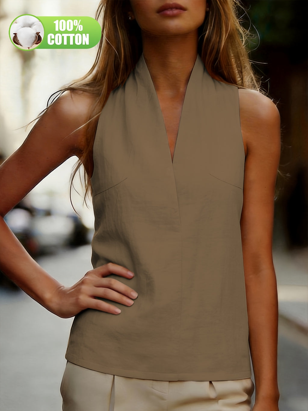 Summer Women'S New Fashion Premium Sense Professional Daily Commute Solid 100% Versatile Easy Halter Off-Shoulder V-Neck Tank Top Blouse ASD1 - Brown