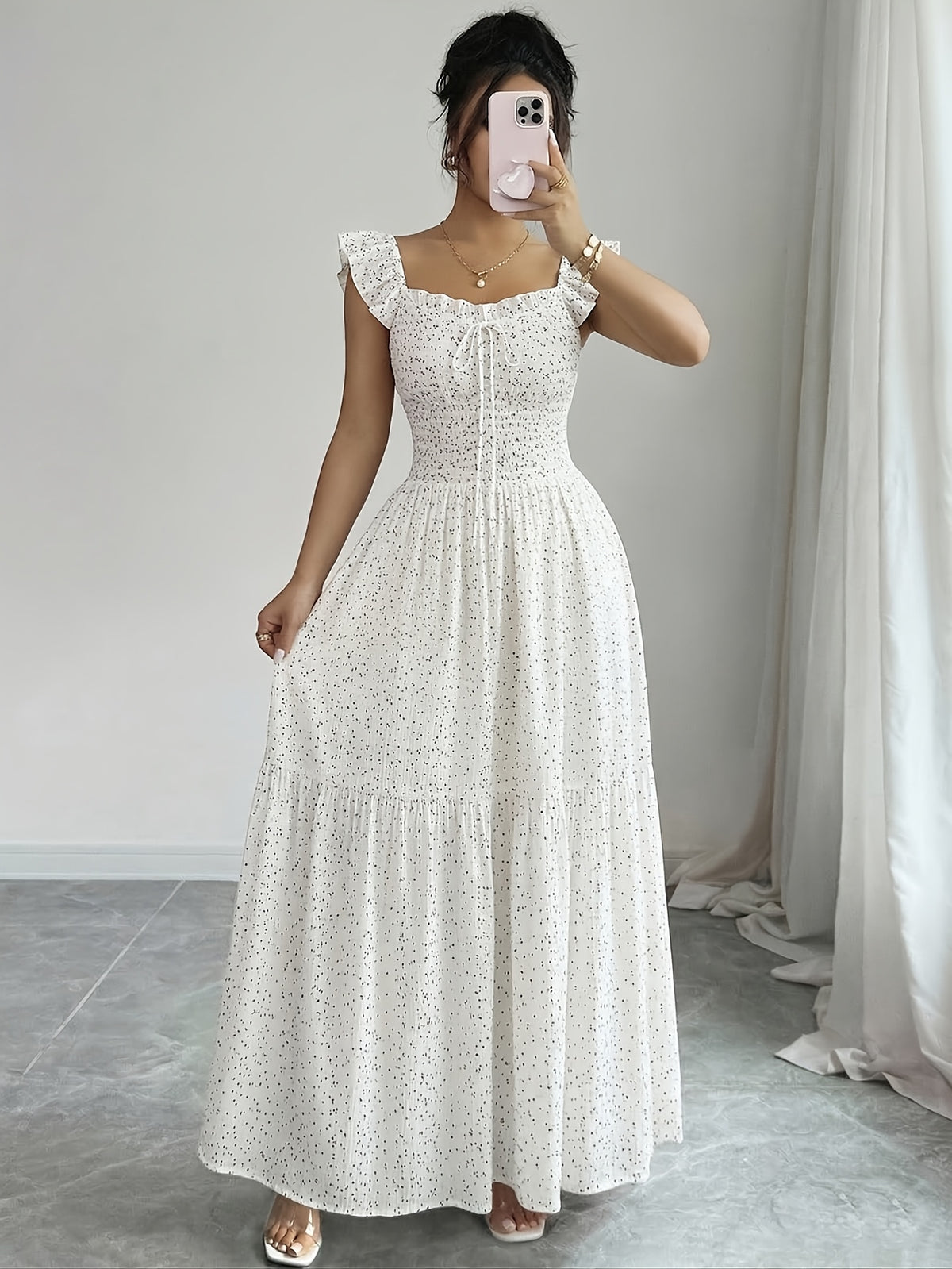 Elegant Casual Vacation Square Neck Lotus Dancing Sleeve Polka Dot Printed Textured Checkered Chiffon Fabric Back Tie Pleated Full Skirt Spring Summer Red Women'S Dress Summer Summer Women'S Long Skirt Vacation Dress Women'S Polka Dot Dress Elegant - White
