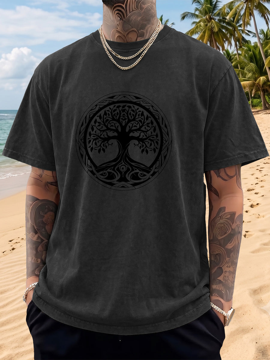 Short Sleeve T-Shirt Men'S Loose Washed Distressed Tree of Life Round Totem Trendy Double-Sided Print 12 Colors Random Match American Street High Street Hip-Hop Top Casual Outing Commuting Sports Fitness Couple Style Statement Y2K National Trend Sho - Black