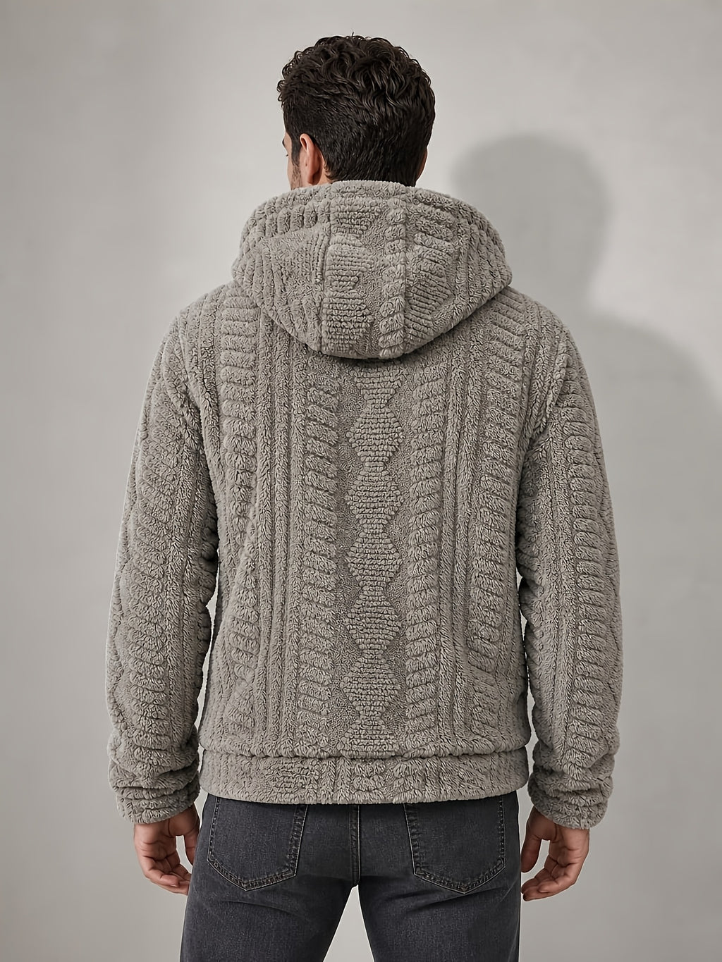 Men'S Plush Fleece Hooded Jacket, Full-Zip Long Sleeve Outerwear with Hand Pockets, Elastic Cuffs And Hem, Solid Color Textured Casual Jacket for Fall/Winter Daily Wear, Travel And Outdoor Activities - Grey