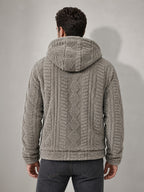 Men'S Plush Fleece Hooded Jacket, Full-Zip Long Sleeve Outerwear with Hand Pockets, Elastic Cuffs And Hem, Solid Color Textured Casual Jacket for Fall/Winter Daily Wear, Travel And Outdoor Activities - Grey