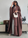 Middle Eastern Muslim Solid Color Loose Robe with Batwing Sleeves, Long Dubai Cardigan with Headscarf - The color of rouge