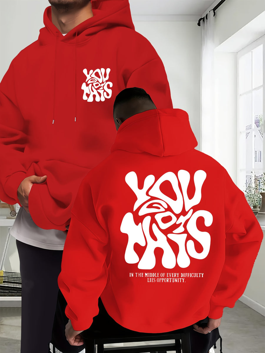 Men's New Trendy Autumn Winter Hoodie, Casual Daily Drawstring Creative Design Printed Sweatshirt with Front Kangaroo Pocket Unisex Top - Red