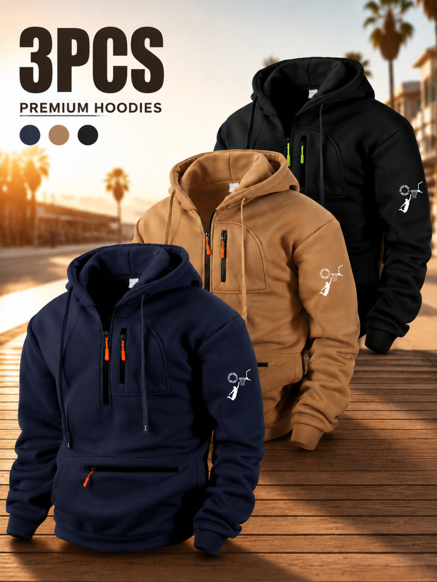 Men'S Hoodie Multi-Zipper Pocket Design Abstract Figure Graphic Print Casual Streetwear Outdoor Autumn Winter 3pcs Set - Navy Blue + Khaki + Black