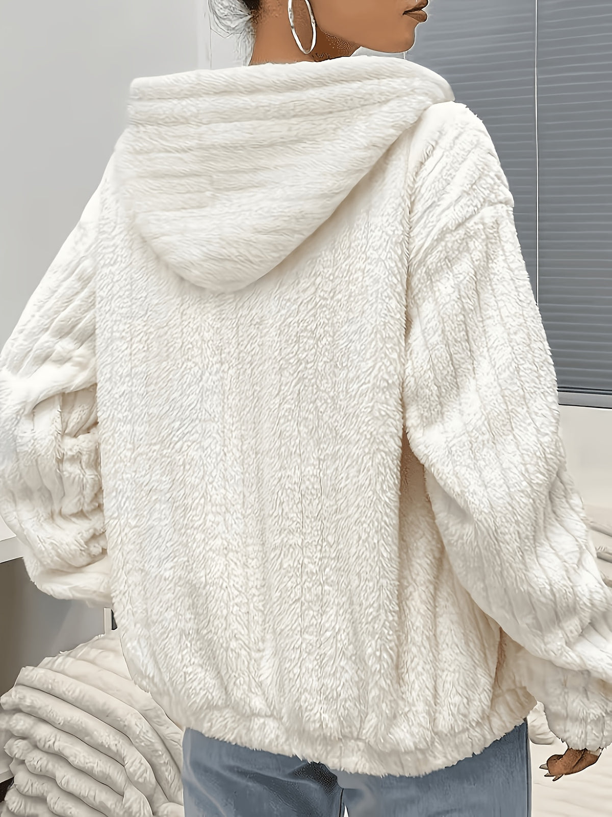 Cross-Border New Fashion Casual Plush Zipper Hooded Jacket Coat Women'S Hooded Sweatshirt Bzra - White