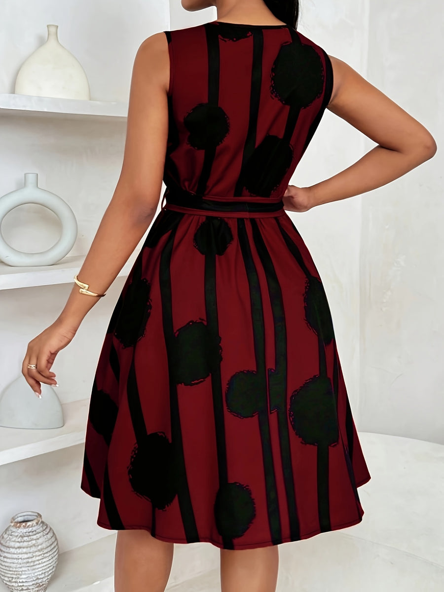 Elegant Sleeveless Belted Dress for Women - Burgundy