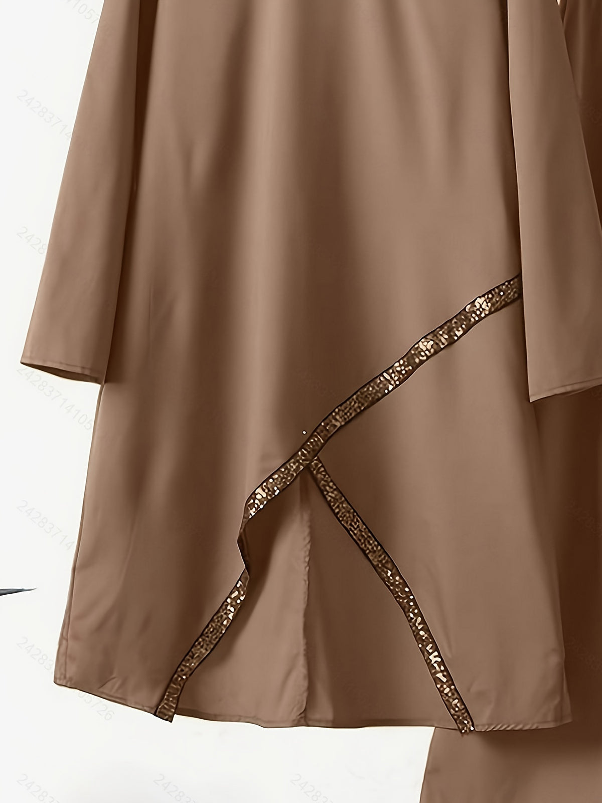 720# Solid Color Spring And Summer Muslim Two-Piece Outfit, Round Neck Sequin Long-Sleeve Top And Loose-Fit Trousers Casual Ensemble - Coffee Brown