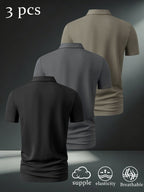 3pcs Men'S Casual Polo Shirt Set, Creative Print Patterns, Short Sleeve, Golf And Outdoor Sports Apparel, Breathable Comfortable Fabric, Regular Fit - Black + Dark Gray + Khaki