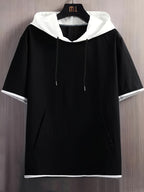 Hooded Short-Sleeved Solid Color Casual Pocket Men'S T-Shirt - Black