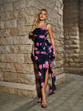 Rose Floral Print Ruffled Side-Slit Cami Party Evening Dress - Black