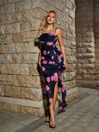 Rose Floral Print Ruffled Side-Slit Cami Party Evening Dress - Black