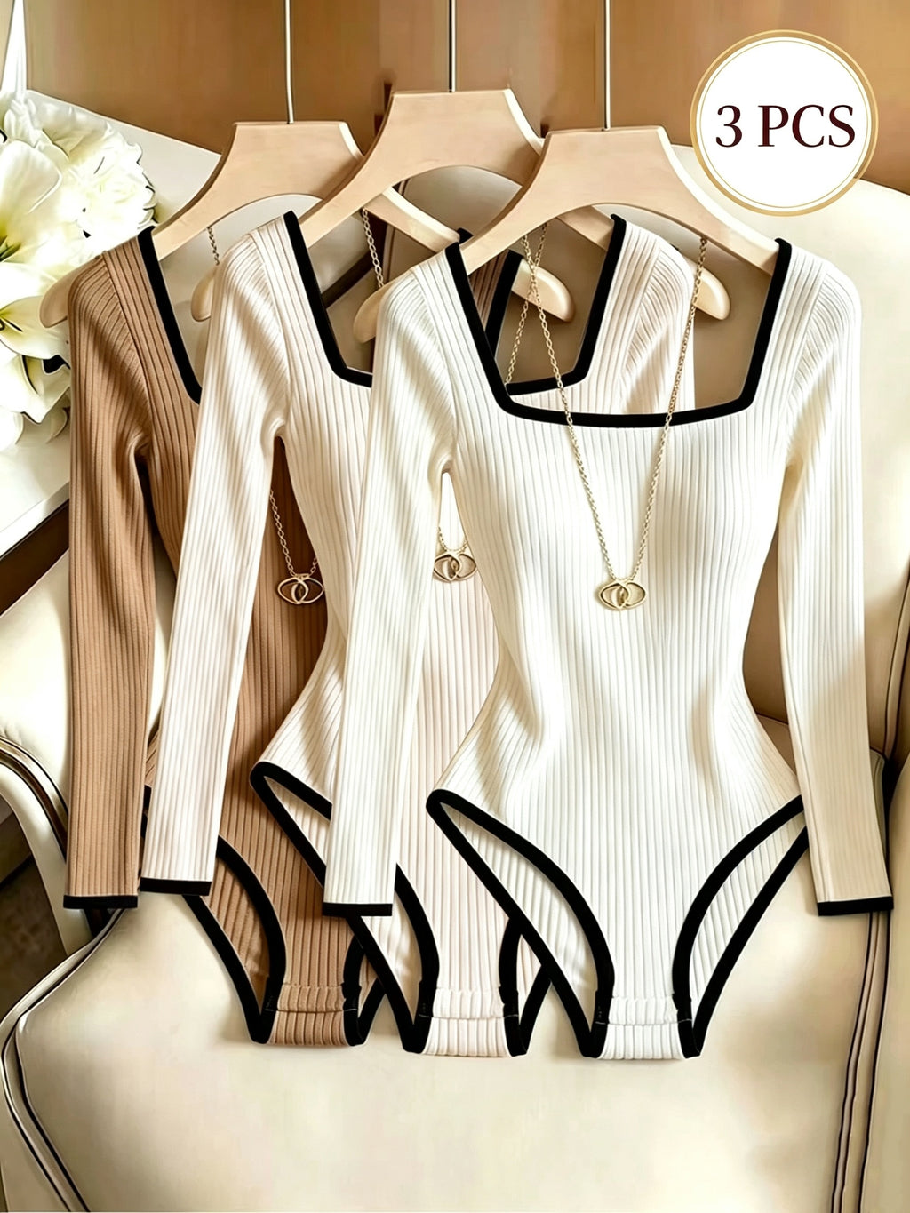 3pcs Set Women'S Square Neck Long Sleeve Bodysuit Sheath Bodysuit Ribbed Spring Fall Base Layer Sweater Autumn Winter Inner Wear Commute Elegant Women'S Casual Shopping Versatile Elegant Women'S Clothing ZLLZ - White + Apricot Color + Khaki