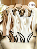 3pcs Set Women'S Square Neck Long Sleeve Bodysuit Sheath Bodysuit Ribbed Spring Fall Base Layer Sweater Autumn Winter Inner Wear Commute Elegant Women'S Casual Shopping Versatile Elegant Women'S Clothing ZLLZ - White + Apricot Color + Khaki