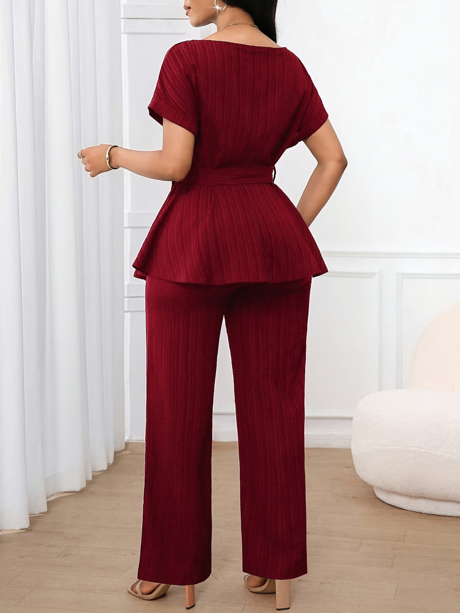 Women'S 2pcs Set, 1pc Short Sleeve Top And 1pc Loose Straight Pants Suitable for Spring Summer Wear - Burgundy
