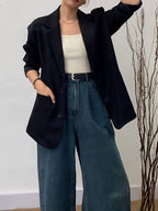 A new stylish Women's Korean-style autumn and winter single-layer suit jacket, loose thin suit with pockets, elegant and versatile, suitable for both casual and commuting wear. [No lining, looks good on those weighing less than 65 kilograms] - Black