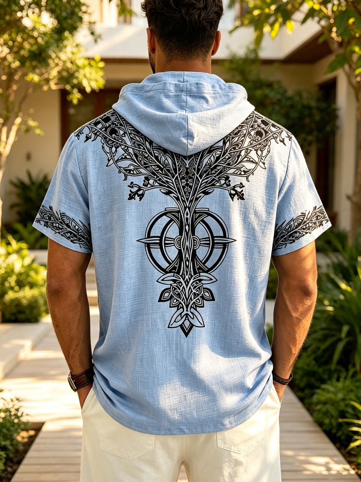 26 Styles Summer Men'S Loose Faith Rune Print Hooded Hip-Hop Trendy Short Sleeve, Casual Commute, Outing Shopping - Light Blue