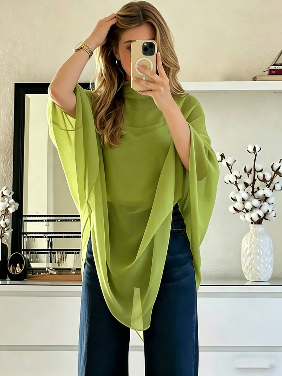 Women'S Asymmetrical Hem Chiffon Top, Casual Commute Blouse, Inner Layer Not Included - Dark green