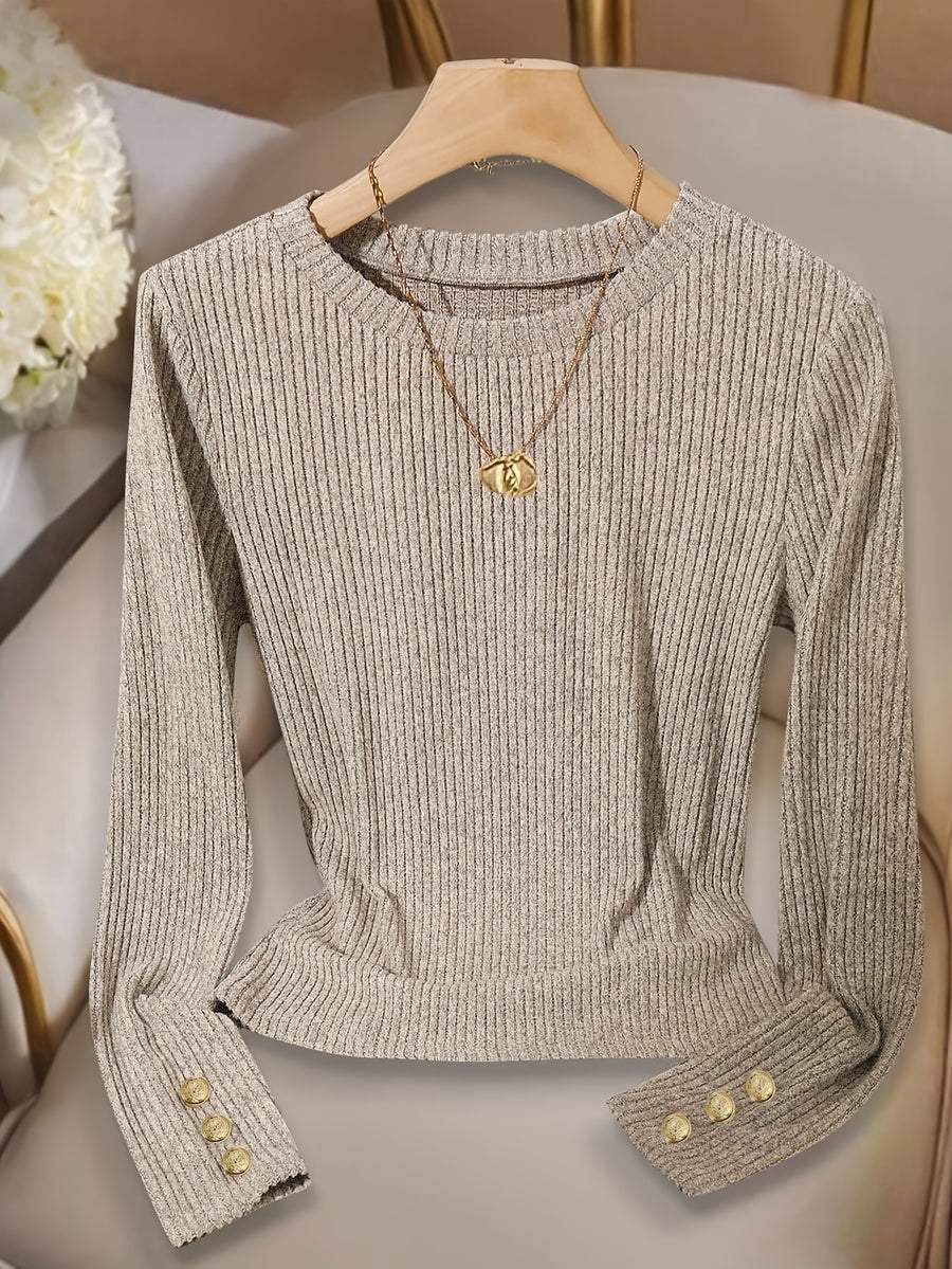 Women'S Fashion Slim Fit Crew Neck Fake Button Long Sleeve T-Shirt - Khaki