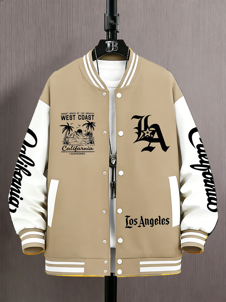 Men'S Trendy Baseball Jacket - LA WEST COAST Pattern - Contrast Sleeve Style - Button Closure And Stretch Fabric All-Season Versatile Comfortable Outerwear - Ideal for Outings, Travel, Friends Gatherings, And Commuting, Loose Fit Machine Washable - Khaki