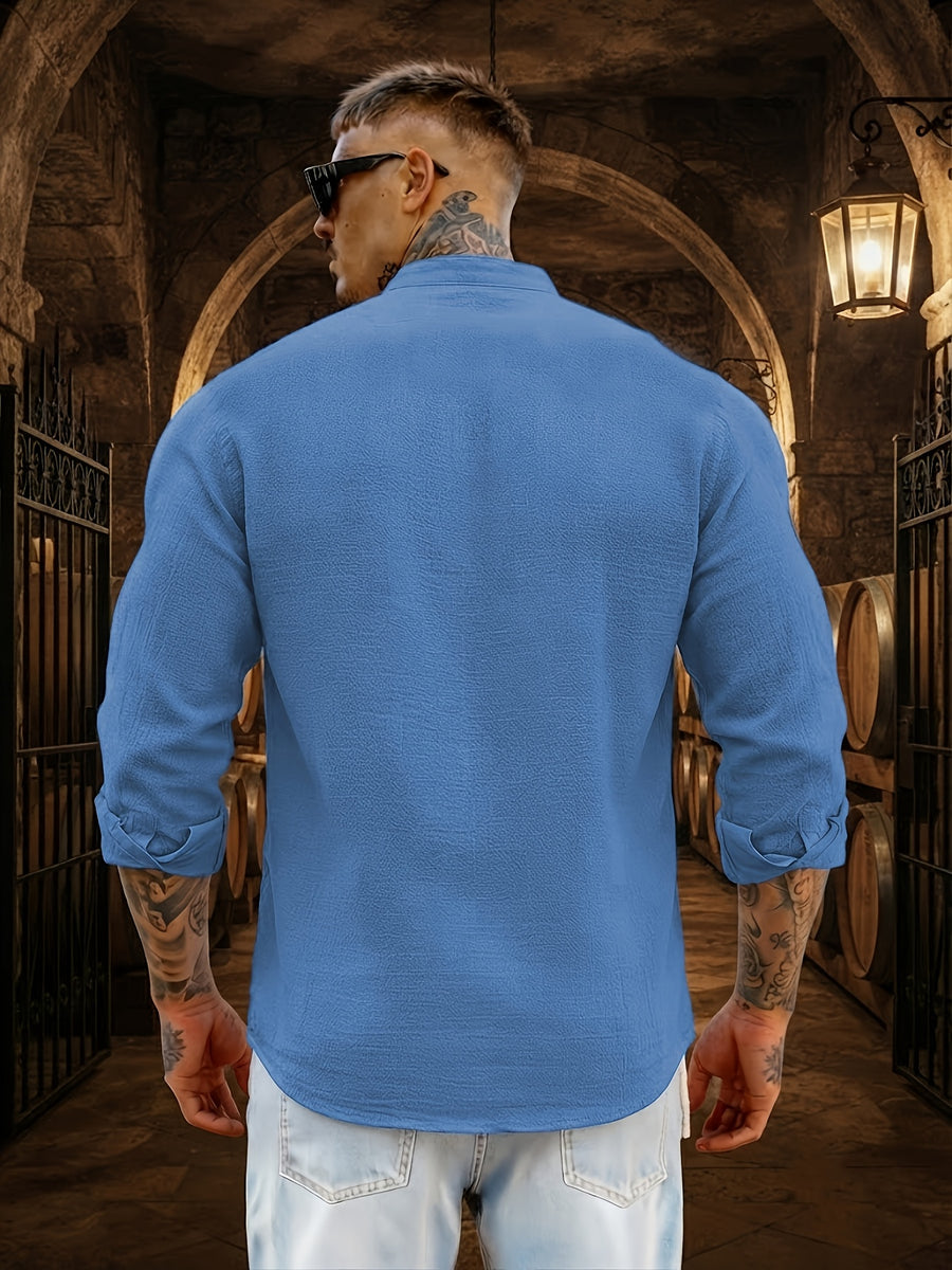 Men's Solid Color Casual Stand Collar Button- Long Sleeve Shirt. The Solid-colored Fabric Offers a Comfortable Feel, Making It a Great Gift for a Husband or Boyfriend for Home, Outings, Travel, and Beach Vacations. Men's Long Sleeves, Men's Tops - Navy Color