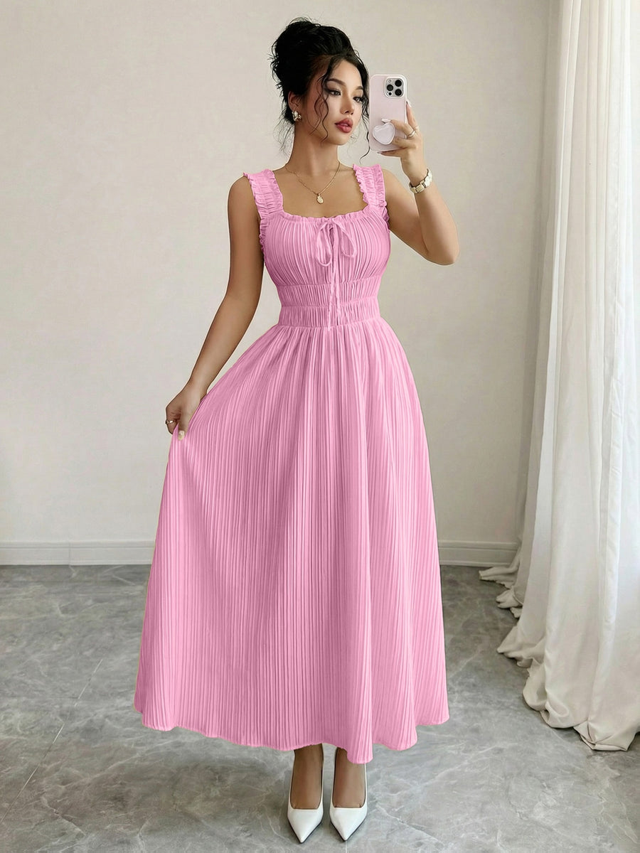Women'S Spring Summer New Temperament Elegant Solid Texture Fabric Square Neck Tie-Belt A-Line Dress - Pink