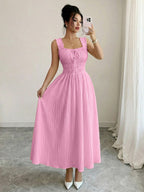 Women'S Spring Summer New Temperament Elegant Solid Texture Fabric Square Neck Tie-Belt A-Line Dress - Pink
